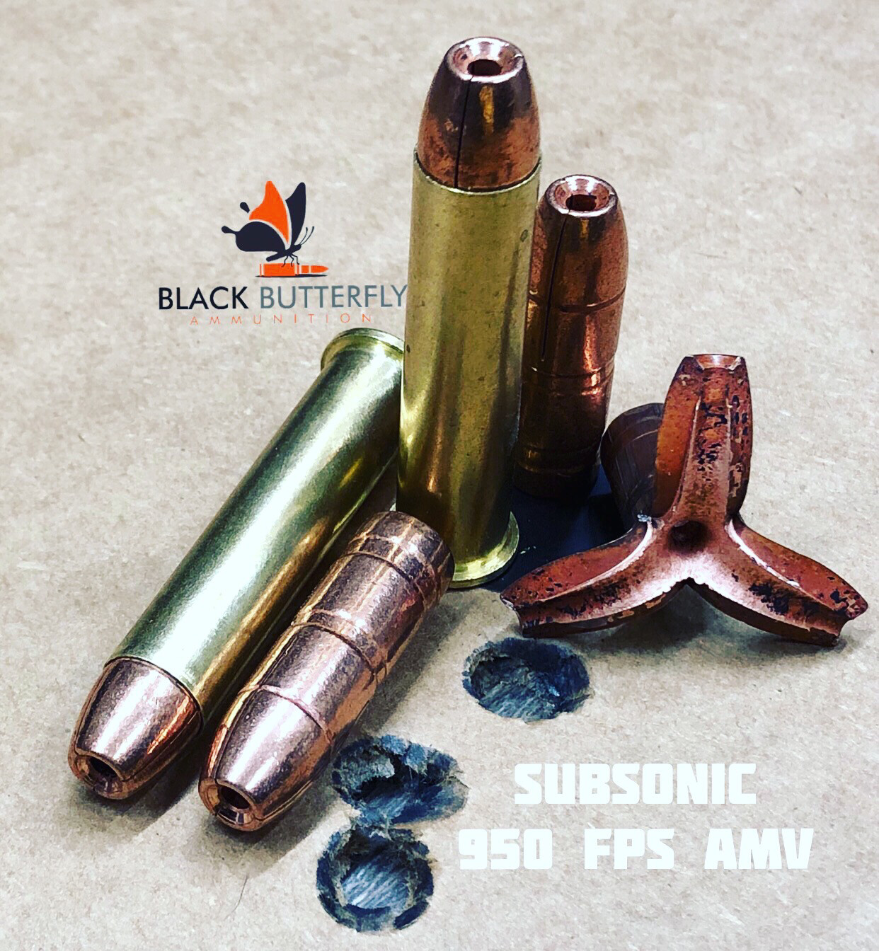 Black Butterfly Ammunition Premium, 45-70 Government, 500 gr, 5 Rounds, Maker Expanding Copper "Powhatan" SUBSONIC (SAMPLE PACK)