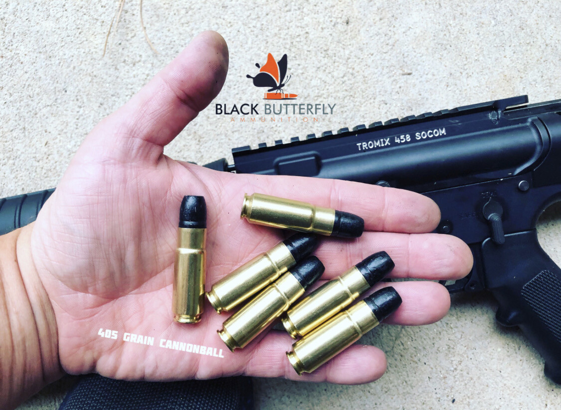 Black Butterfly Ammunition Premium, .458 SOCOM, 405 gr, 5 Rounds, Hi-Tek Coated Lead Flat Head "CANNONBALL" (SAMPLE PACK)