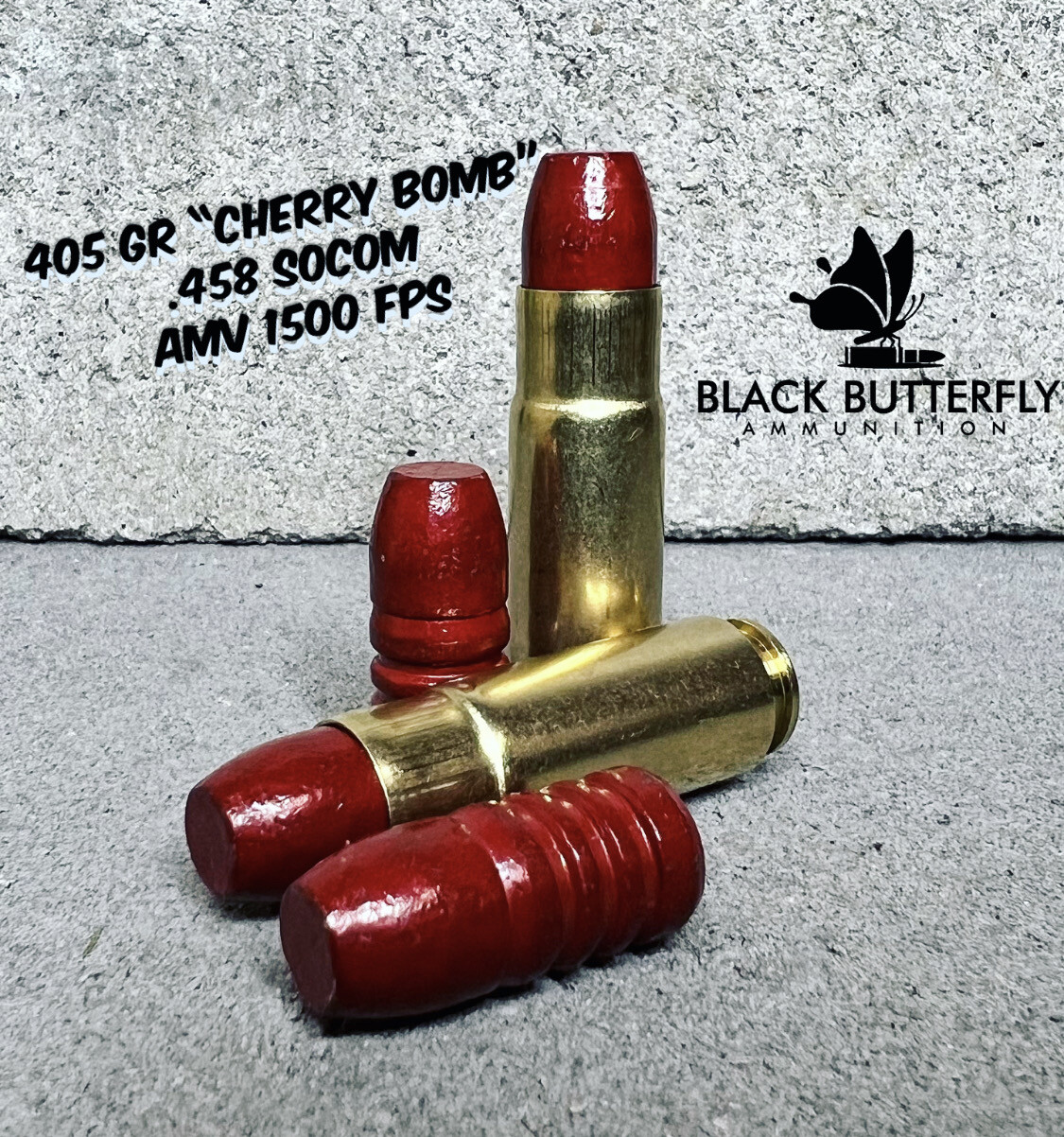 Black Butterfly Ammunition Target and Hunting, .458 SOCOM, 405 gr, 5 Rounds, Acme Hi-Tek Coated Lead Flat Head "Cherry Bomb" (SAMPLE PACK)