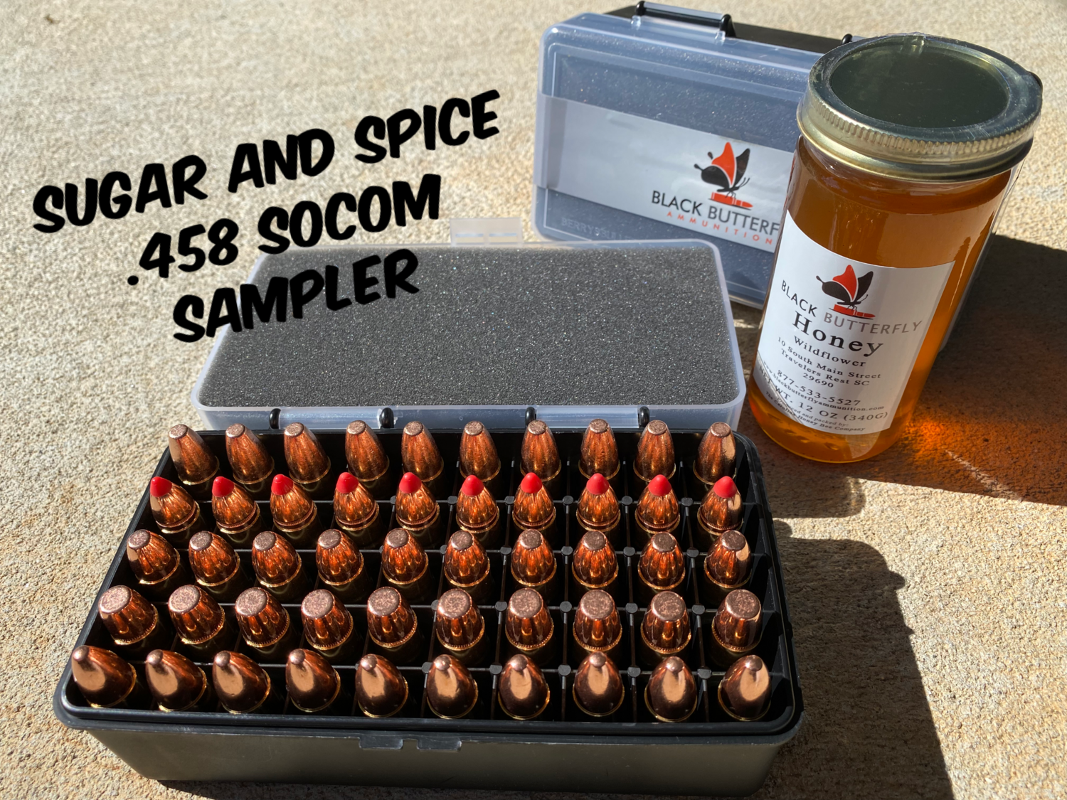 Black Butterfly Ammunition Premium, .458 SOCOM, 50 Rounds, SUGAR AND SPICE SAMPLER BOX Black Butterfly Ammunition Premium, .458 SOCOM, 50 Rounds, SUGAR AND SPICE SAMPLER BOX