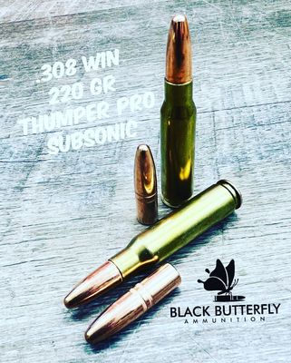 Black Butterfly Ammunition, .308 WIN/7.62x51mm, 220 gr., 5 Rounds, "THUMPER PRO" SUBSONIC for  1:10 Twist 20" Rifles, "SAMPLE PACK"