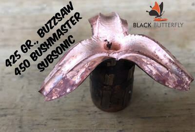 Black Butterfly Ammunition Premium, .450 BUSHMASTER, 425 gr, 20 Rounds, Maker Expanding Copper, SUBSONIC "BUZZ SAW" (for 1/16 Twists) Black Butterfly Ammunition Premium, .450 BUSHMASTER, 425 gr, 20 Rounds, Maker Expanding Copper, SUBSONIC "BUZZ SAW" (for 1/16 Twists)