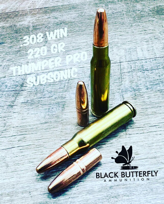 Black Butterfly Ammunition, .308 WIN/7.62x51mm, 220 gr., 100 Rounds, "THUMPER PRO" SUBSONIC for 1:10 Twist 20" Rifles, "MAG DUMP BOX" Black Butterfly Ammunition, .308 WIN/7.62x51mm, 220 gr., 100 Rounds, "THUMPER PRO" SUBSONIC for 1:10 Twist 20" Rifles, "MAG DUMP BOX"