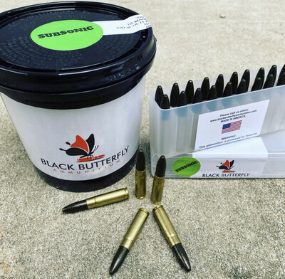 Black Butterfly Ammunition, .300 AAC Blackout, 220 gr, 100 Rounds, Hi-Tek "CANNON BALL" SUBSONIC "MAG DUMP BOX"