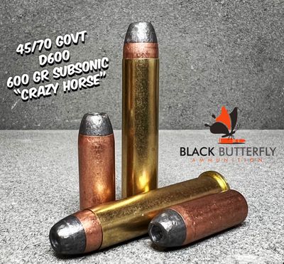 Black Butterfly Ammunition Premium, 45-70 Government, 600 gr, 5 Rounds, D600, HAWK JHP, SUBSONIC "CRAZY HORSE" SAMPLE PACK
