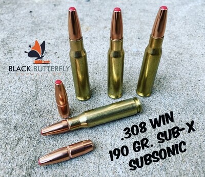 Black Butterfly Ammunition Premium, .308/7.62x51mm, 190 gr., 60 Rounds, SUB-X SUBSONIC (1030 AMV), Mini Bucket