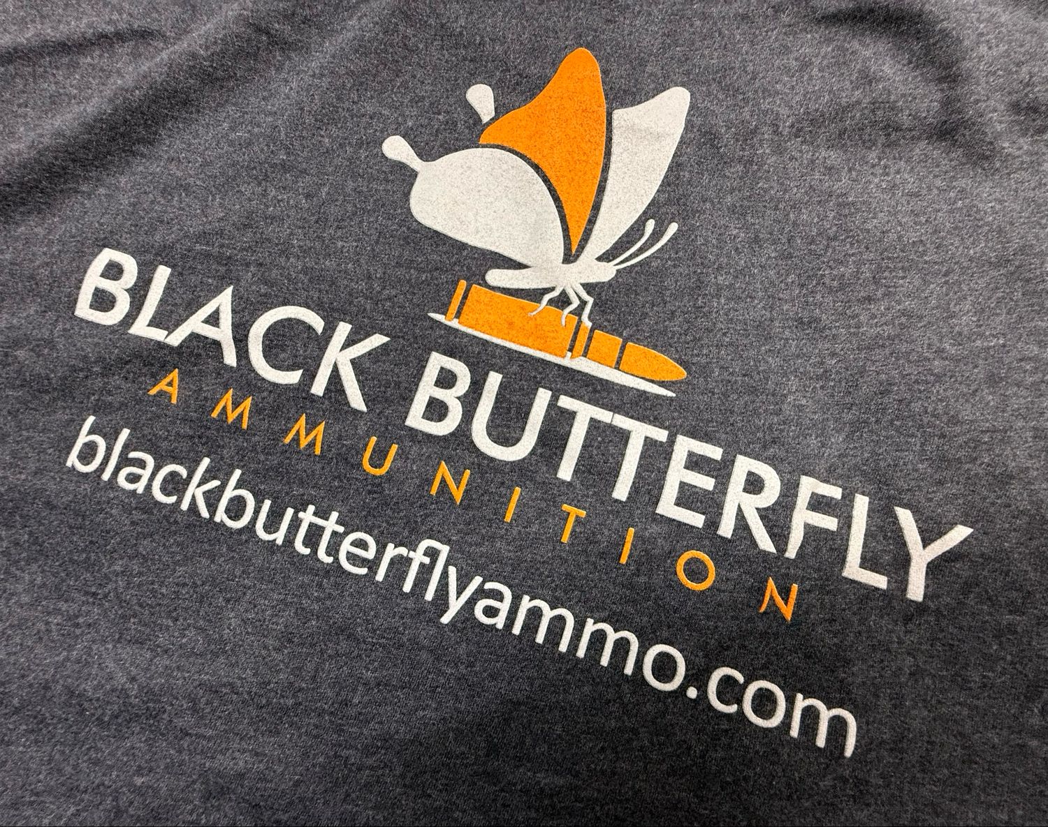 Black Butterfly Ammo Logo T-Shirt, Heather Charcoal, Colored Logo, XL