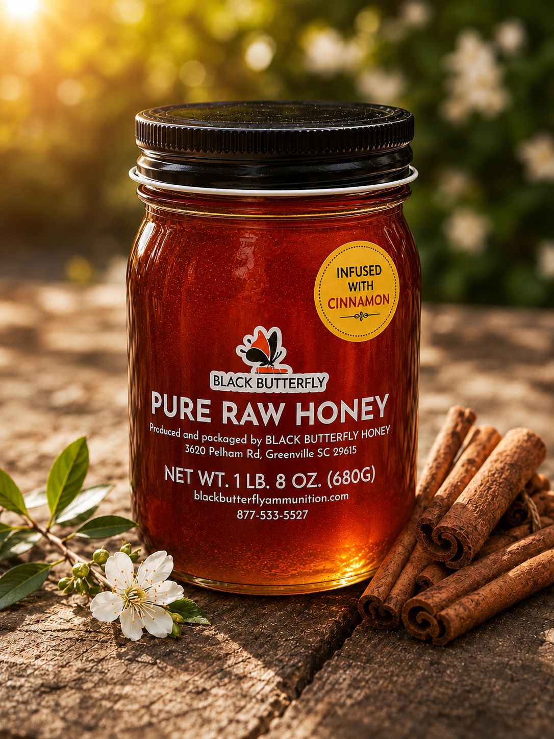 Black Butterfly Honey, Raw Spring Wildflower Honey Infused with Ceylon-Cinnamon, South Carolina Honey, (1 lb. 8 oz.)
