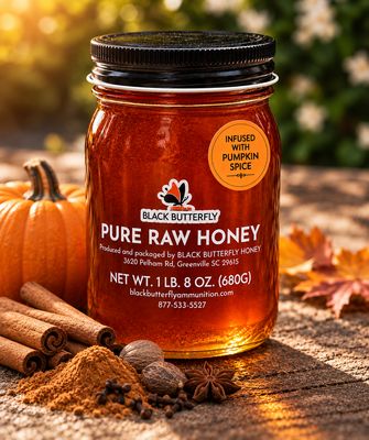 Black Butterfly Honey, Pure Raw Spring Wildflower Honey Infused with Pumpkin Spice, South Carolina Honey (1 lb. 8 oz.)