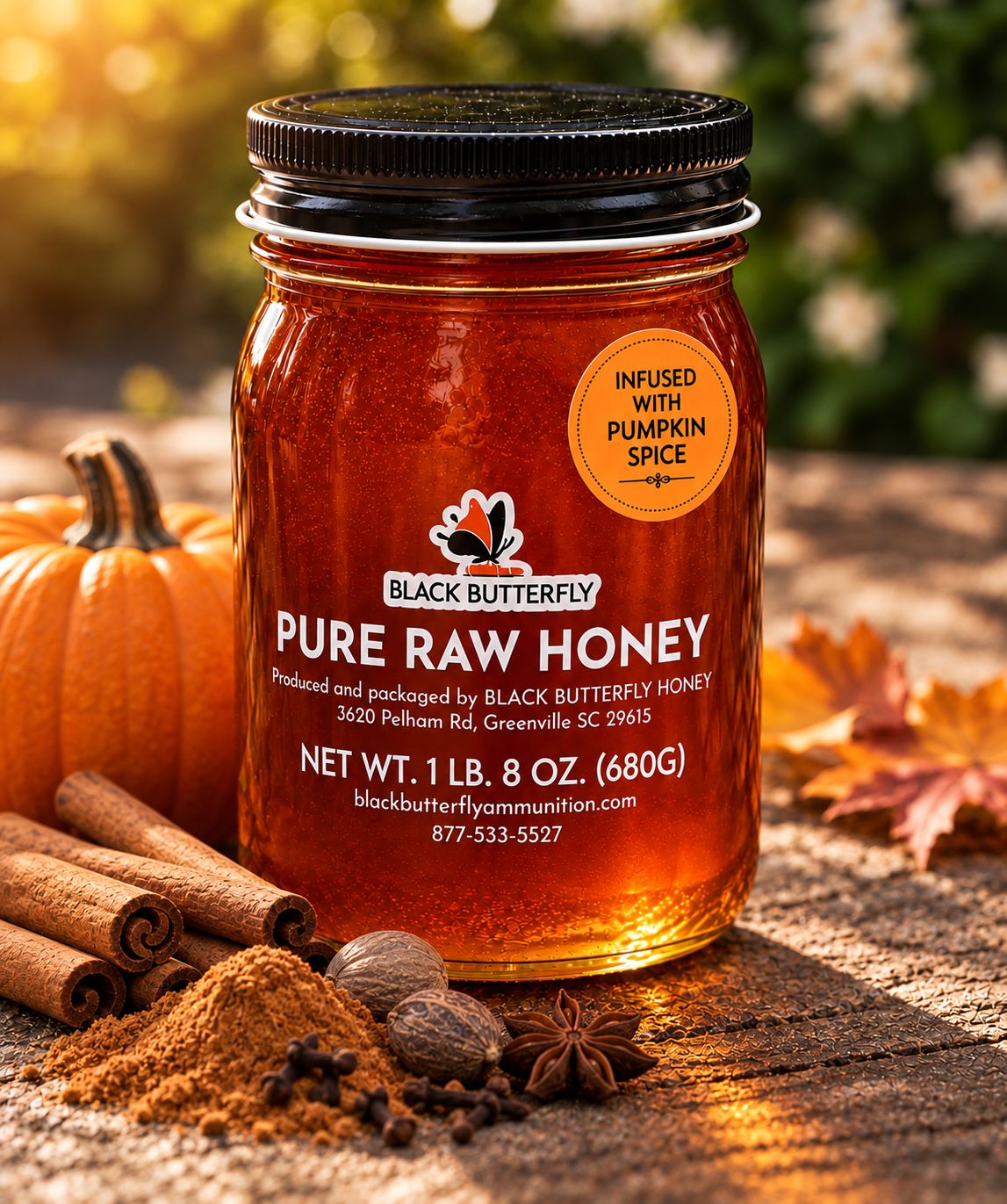 Black Butterfly Honey, Pure Raw Spring Wildflower Honey Infused with Pumpkin Spice, South Carolina Honey (1 lb. 8 oz.)