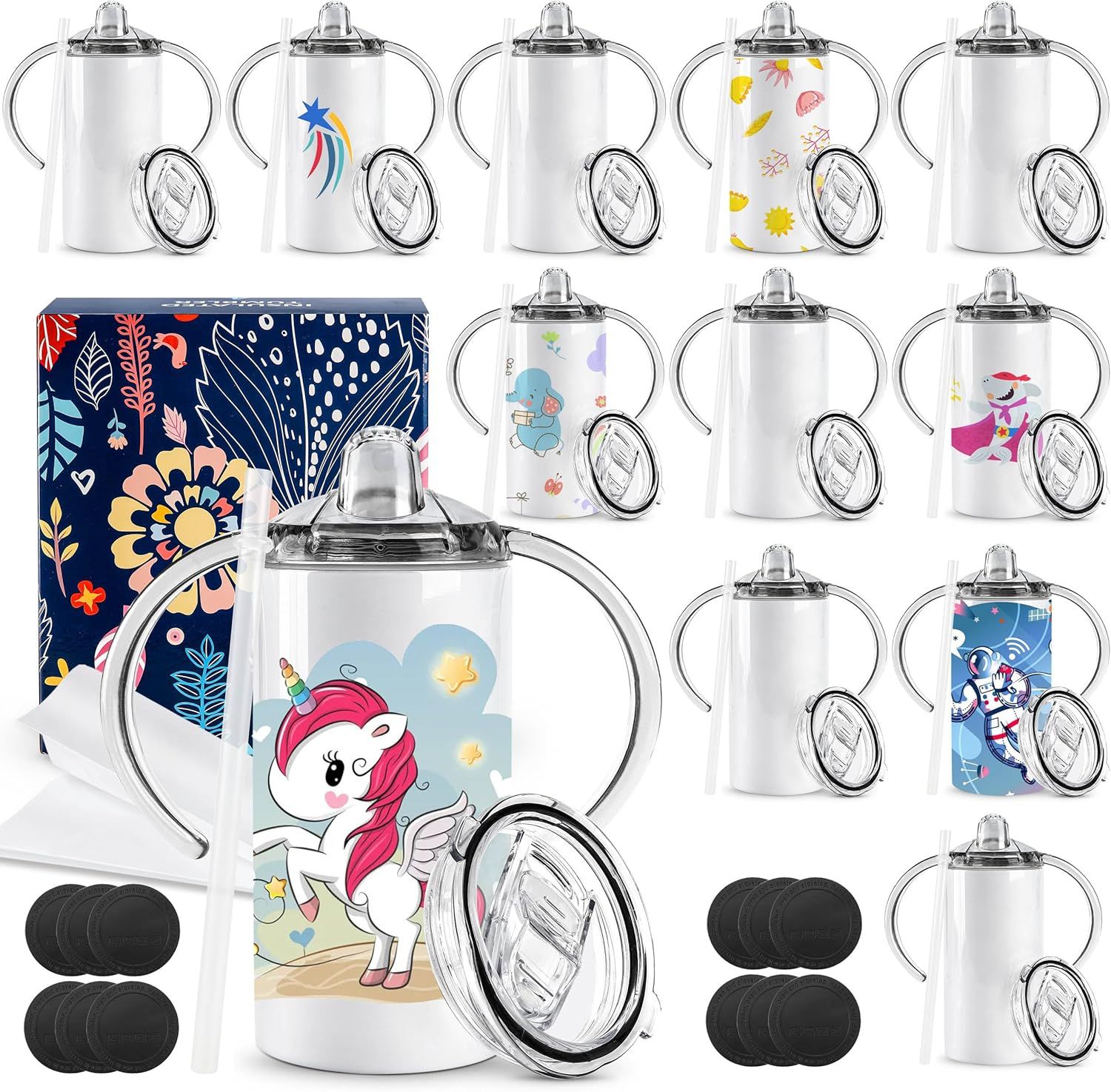 Personalized Kids Tumbler Set | 6 Custom Children's Cups with Handles & Straws | 2 Lids Each | Sublimation Quality | Ages 2+ | Your Child's Design