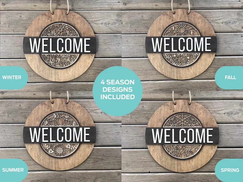 Round Interchangeable Welcome Sign with Patented Slide & Lock System - Includes 4 Seasonal Inserts