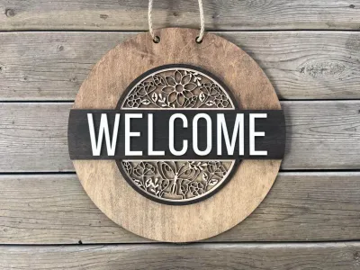 Round Interchangeable Welcome Sign with Patented Slide & Lock System - Includes 4 Seasonal Inserts"