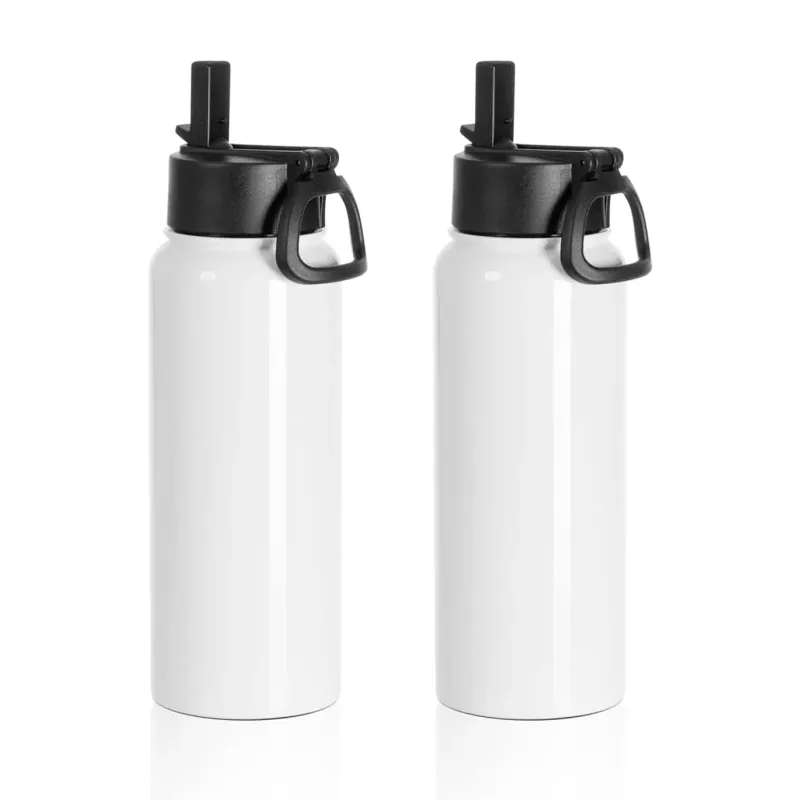 Sublimation water bottle in white, 30 oz. sport cups, wide mouth, stainless steel, with straw and portable handle, for Cricut cup press and cup press.