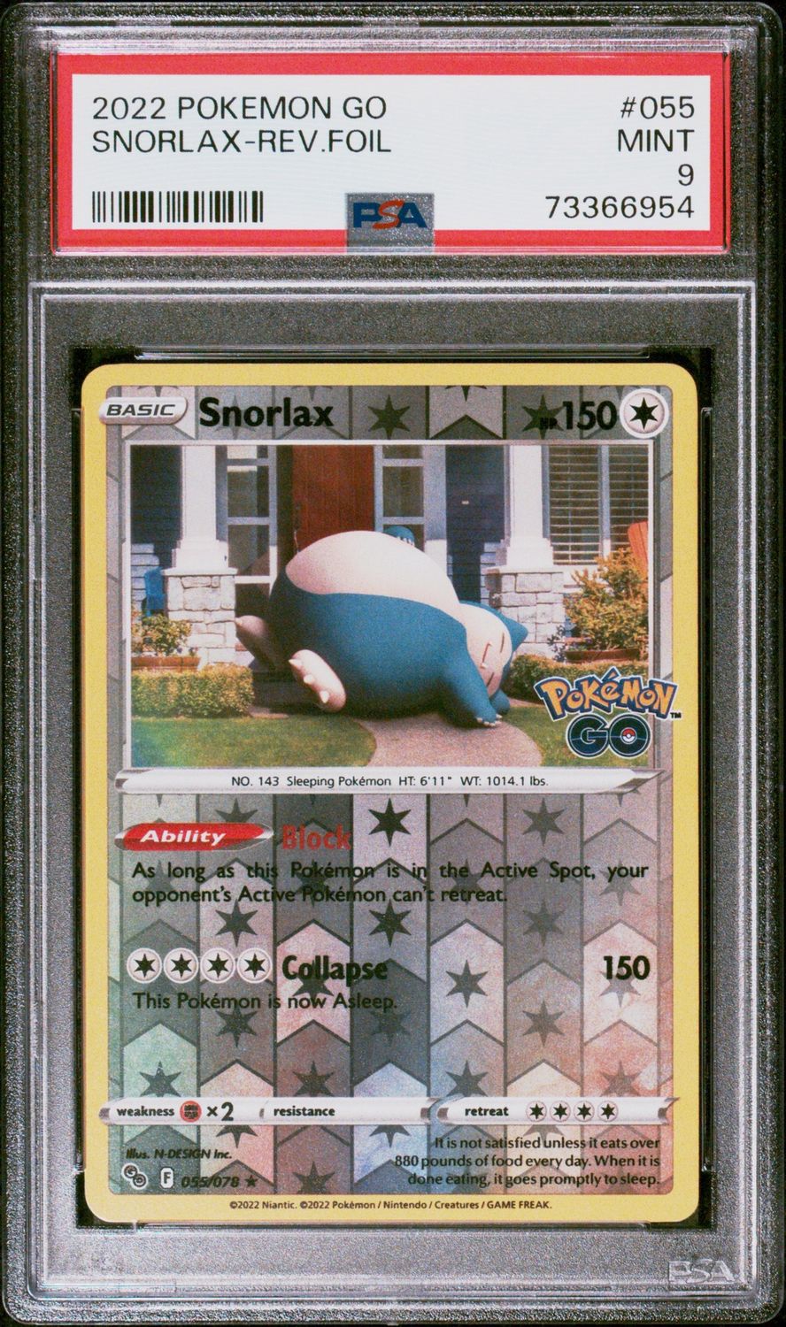 Pokemon GO #055 Snorlax PSA 9 Reverse Foil