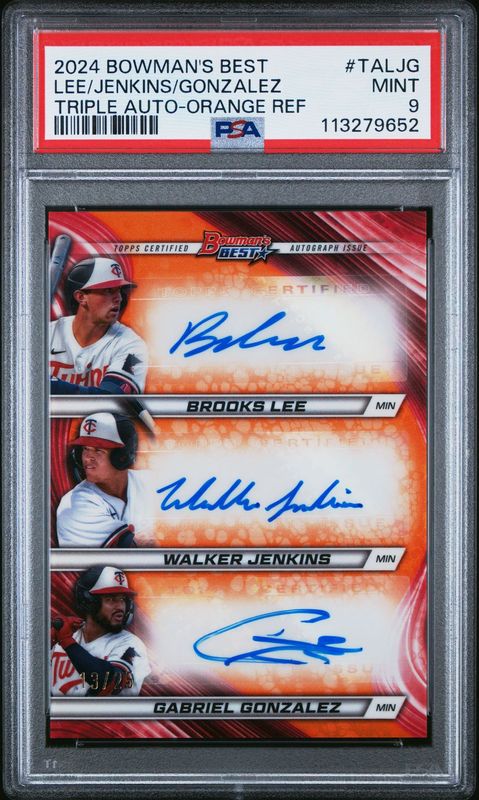 2024 Bowman's Best #TALJG Brooks Lee / Walker Jenkins / Gabriel Gonzalez Triple Auto /25 PSA 9 Orange Refractor