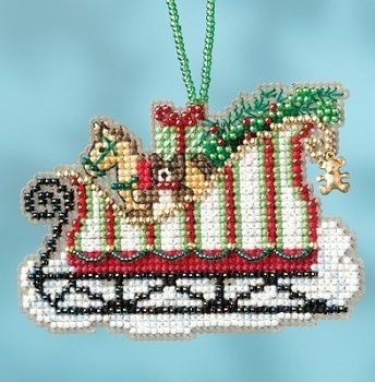 Toyland Sleigh by Mill Hill. Beaded Christmas Ornaments cross stitch kit with Charm. Happy Christmas Season embroidery