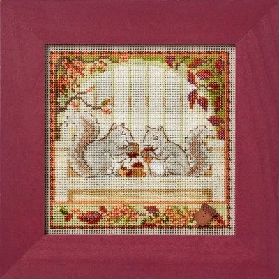 Nutty Squirrels by Mill Hill 2024 Autumn Series Buttons and Beads embroidery kit. Beaded cross stitch kit
