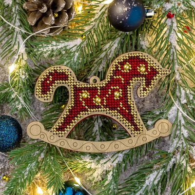Golden Motifs Christmas Ornament - Rocking Horse by Wonderland Crafts Christmas Tree toy Bead embroidery kit on wood Made in Ukraine