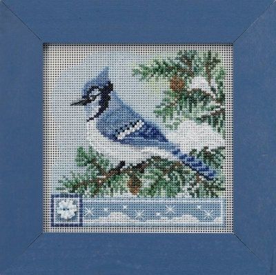 Blue Jay by Mill Hill 2022 Winter Series Buttons and Bead counted cross stitch kit with Mill Hill ceramic button