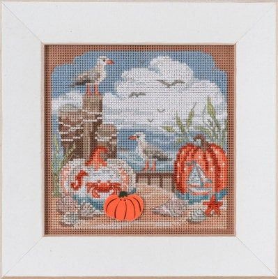 Fall Beach by Mill Hill 2022. Autumn Series Buttons and Bead Kit. Cozy Fall beaded cross stitch kit.