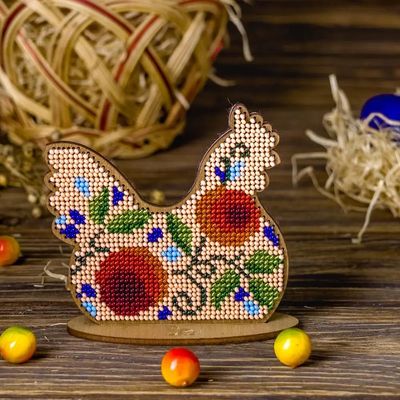 Beige hen with flowers on a stand by Wonderland Crafts Easter Bead embroidery kit on wood Made in Ukraine