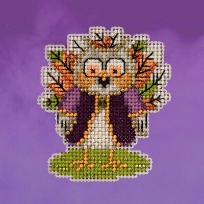 Turkey Owl by Mill Hill. Autumn Harvest Ornaments Collection. Glass bead counted cross stitch kit 2023. Be ready for Halloween!