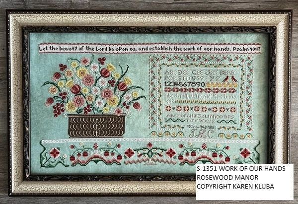 Work Of Our Hands by Rosewood Manor Design. Primitive cross stich printed pattern Release 2024