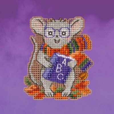 School Mouse by Mill Hill. Autumn Harvest Ornaments Collection. Glass bead counted cross stitch kit 2023. Be ready for Halloween!