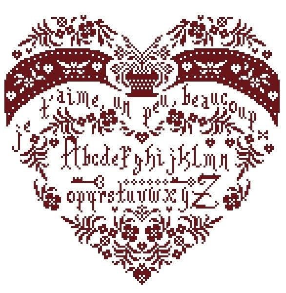 Coeur Sampler je t&#39;aime (Heart Sampler I love you) by Isabelle Haccourt Vautier 2023. Printed cross stich pattern