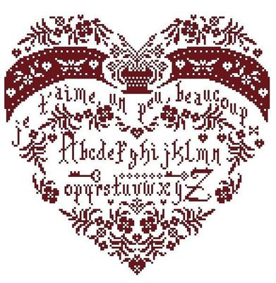 Coeur Sampler je t&#39;aime (Heart Sampler I love you) by Isabelle Haccourt Vautier 2023. Printed cross stich pattern