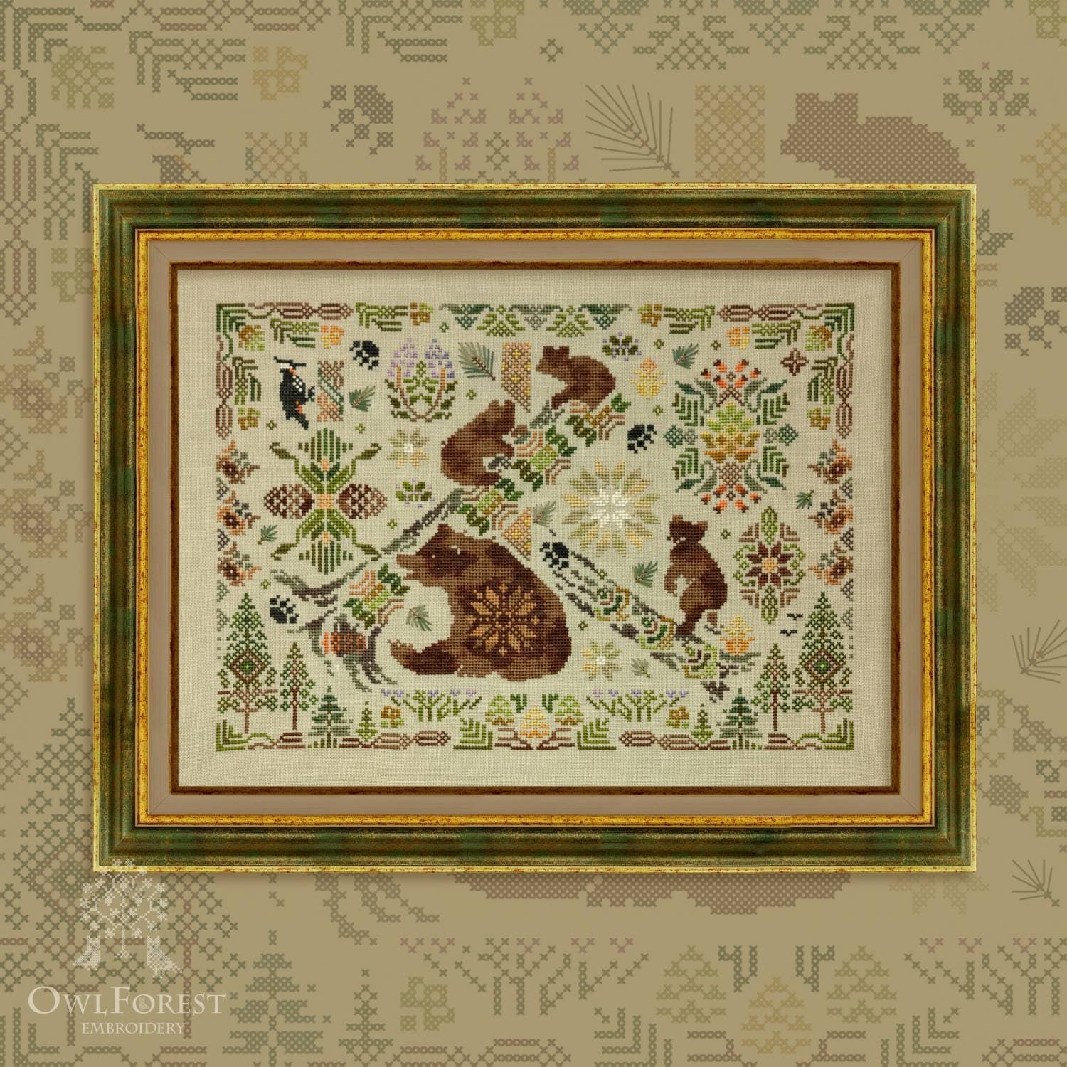 Bear Forest by Owl Forest Embroidery. The Forest Samplers Series Cross stitch pattern 2022 Set of Hand-Dyed Threads DMC 28, 32, 36ct.