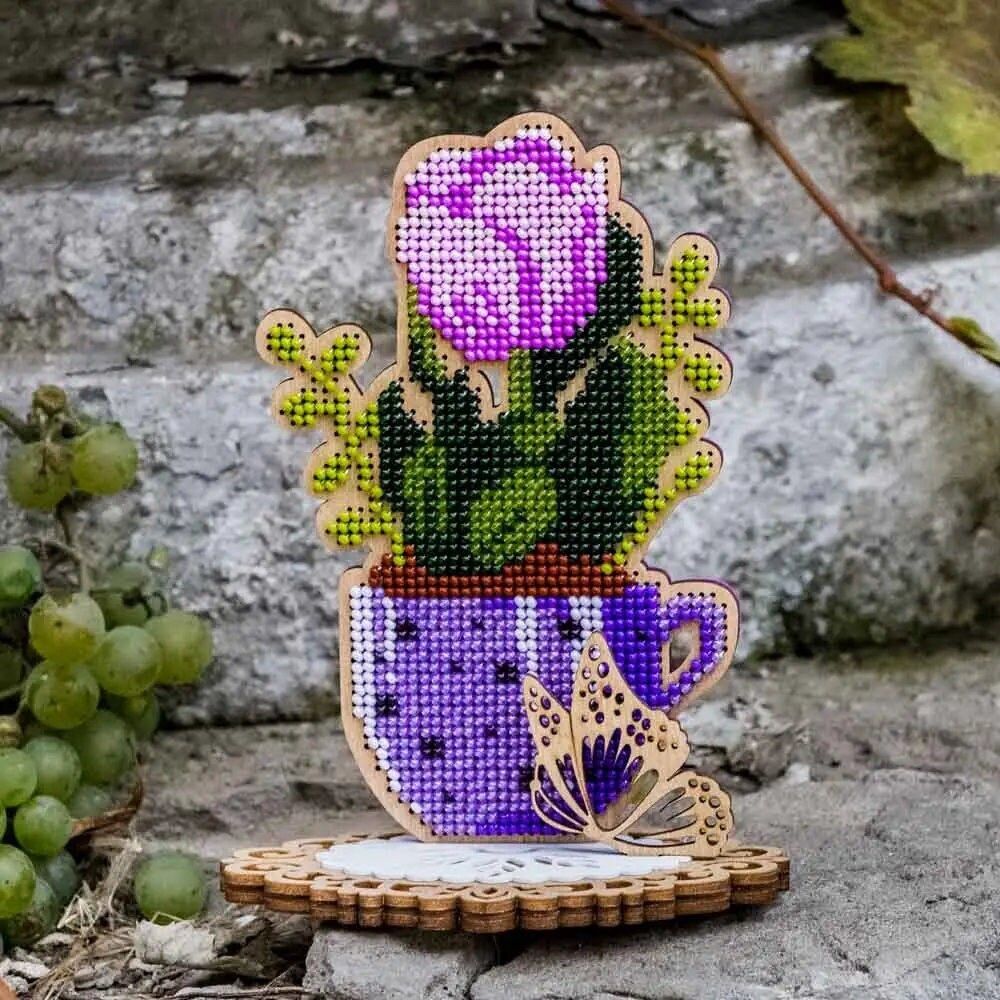 Tulip in a cup by Wonderland Crafts Spring Bead embroidery kit on wood Made in Ukraine