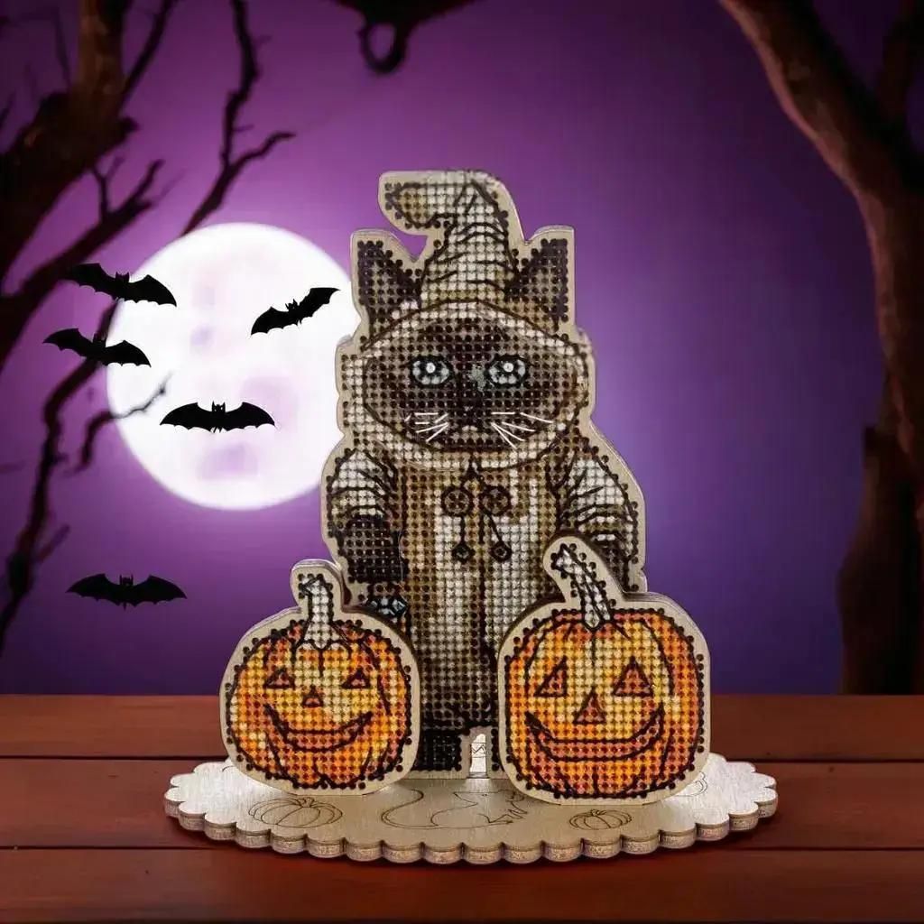 Halloween Siamese Cat by Wonderland Crafts Halloween Cross stitch kit on plywood base