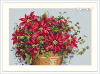 Poinsettia by Merejka counted cross stitch kit. Beautiful Christmas embroidery