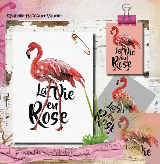 Flamingo Rose (Pink Flamingo) by Isabelle Haccourt Vautier Collection Brode de Noir by ISA Printed cross stich pattern