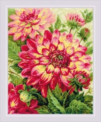 Dahlias by Riolis Counted cross stitch kit, woolen threads embroidery