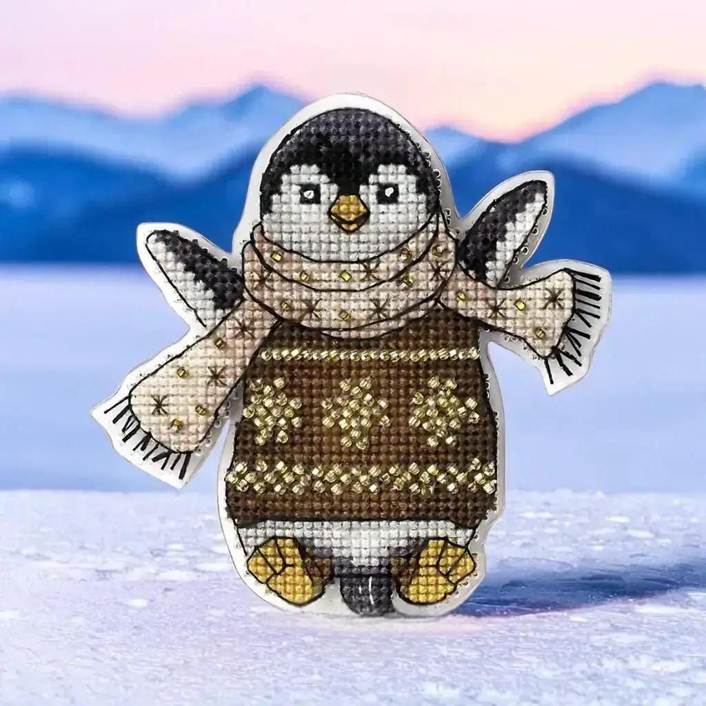 Penguin in a scarf by Wonderland Crafts 2024 Cross stitch kit on a plastic base. Made in Ukraine