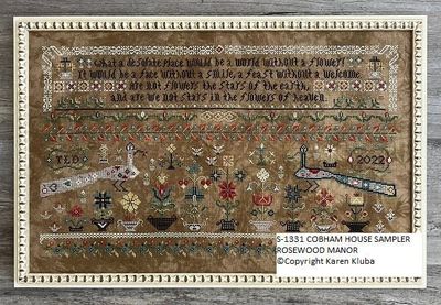 Cobham House Sampler by Rosewood Manor Design. Primitive embroidery cross stich pattern 2023