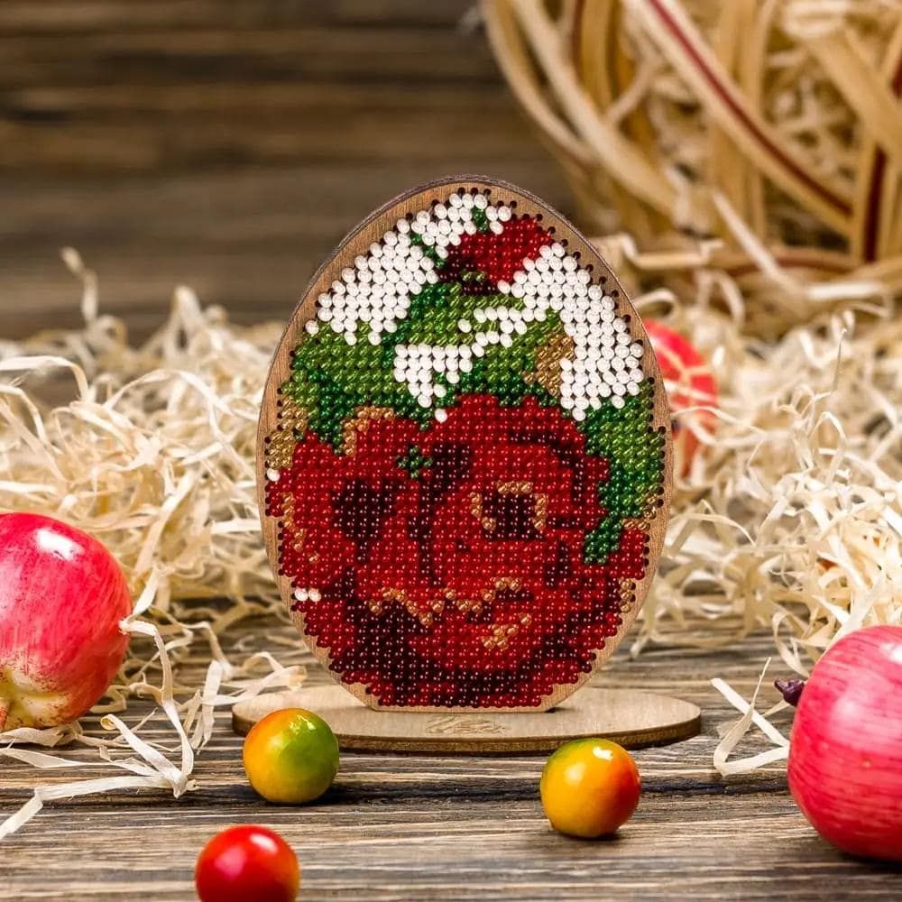 Easter egg with a red rose on a stand by Wonderland Crafts Easter Bead embroidery kit on wood Made in Ukraine