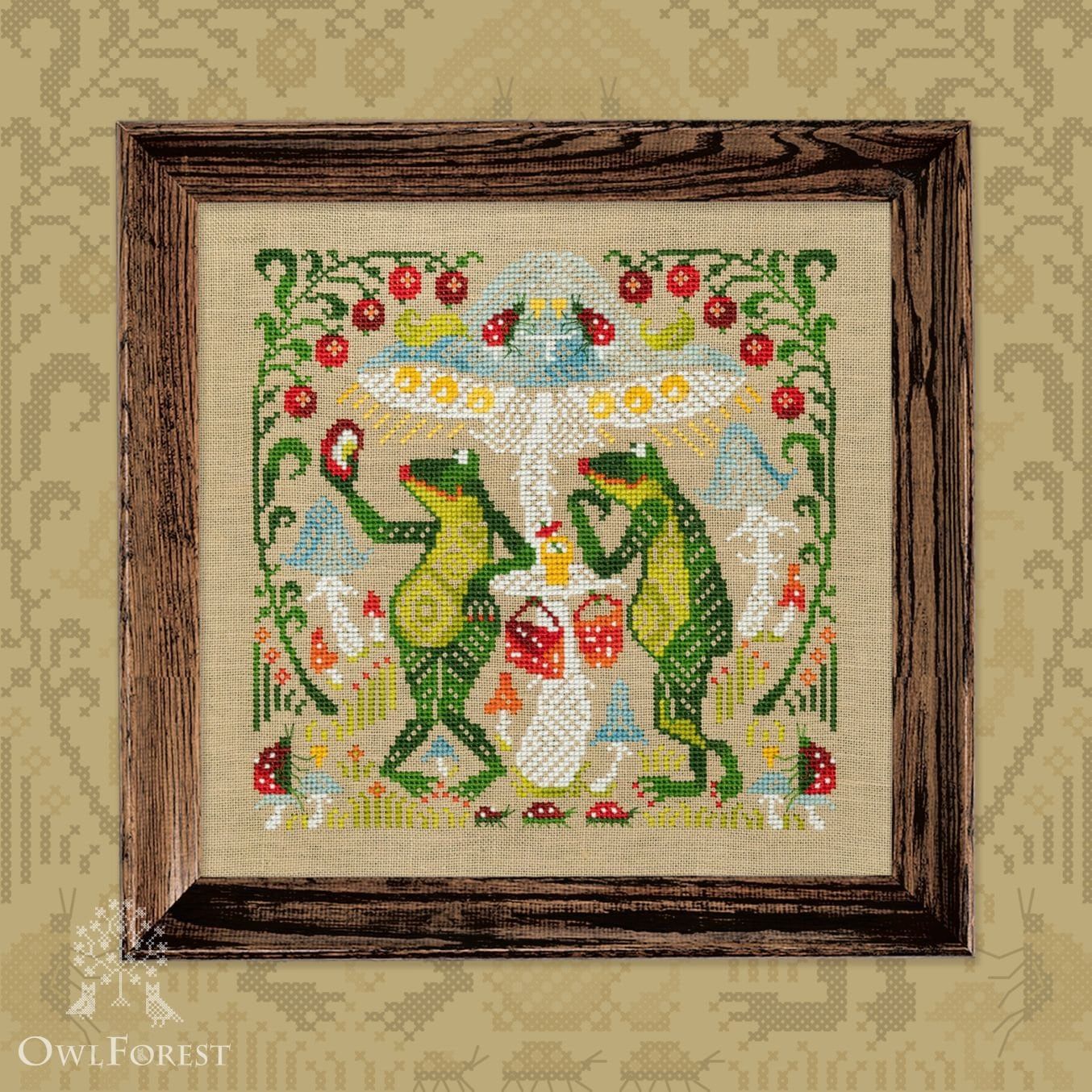 Amanita Bistro by Owl Forest Embroidery. Printed counted cross stitch pattern 2024 Set of Hand-Dyed Threads (DMC)  28, 32 ct. with 2 strands