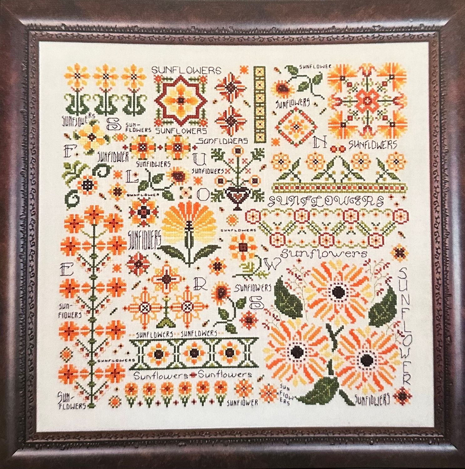 Dreaming of Sunflowers by Rosewood Manor designer Karen Kluba. Beautiful Flower primitive cross stich pattern