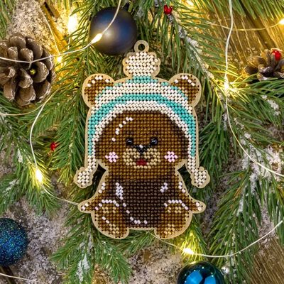 Bear In Winter Hat - Christmas Ornament by Wonderland Crafts Christmas Bead embroidery kit on wood Made in Ukraine