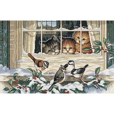 Three Bird Watchers by Dimensions Designer Martha Edwards Kitten counted Cross Stitch Kit
