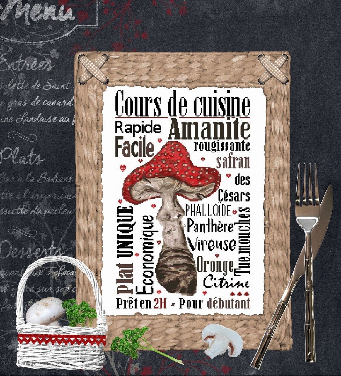 Recette Amanite (Recipe Amanita) by Isabelle Haccourt Vautier Collection Broide du Noir. Printed cross stich pattern