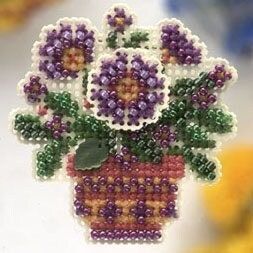 Primrose Pot by Mill Hill 2005 Pin Whimsey Seasonal Ornament Series Spring Bouquet Counted Glass Bead cross stitch kit with Treasure.