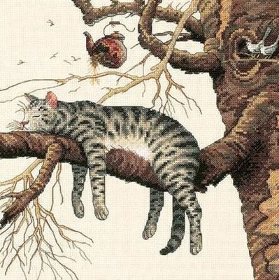 Too Pooped by Dimensions Counted Cross Stitch Kit. This cat just does not have the energy to care about the birds perching nearby