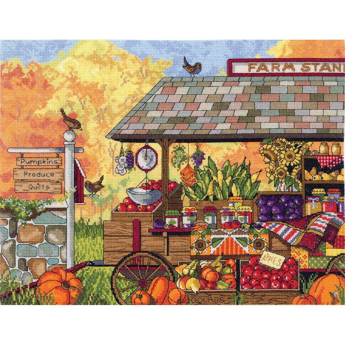 Buck&#39;s County Farm Stand by Janlynn designer Janet Stever.  Harvest Autumn in Counted Cross Stitch Kit