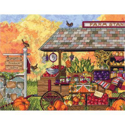 Buck&#39;s County Farm Stand by Janlynn designer Janet Stever.  Harvest Autumn in Counted Cross Stitch Kit