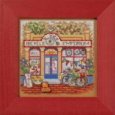 Bicycle Emporium - Main Street by Mill Hill New 2024 Spring Series Buttons and Bead embroidery kit. Beaded cross stitch kit